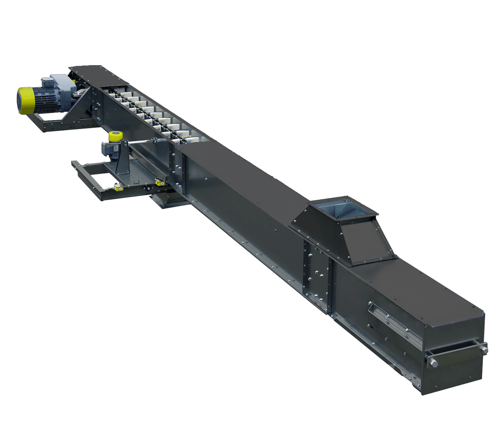 Scraper conveyor with closed chute for product transportation (15m)